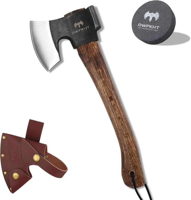 DWFKHT 14.4" Hatchet, Camping Axe, Survival Axe with Sheath, Bushcraft Hatchet with 1065 Carbon Steel and Beech Handle for Wood Chopping – Perfect for Outdoor Survival and Adventures - Image 1